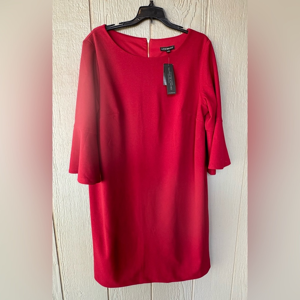 Lane Bryant Vibrant Red Long Sleeve Straight Midi Dress. 3/4 Bell Sleeve. Sz. 14